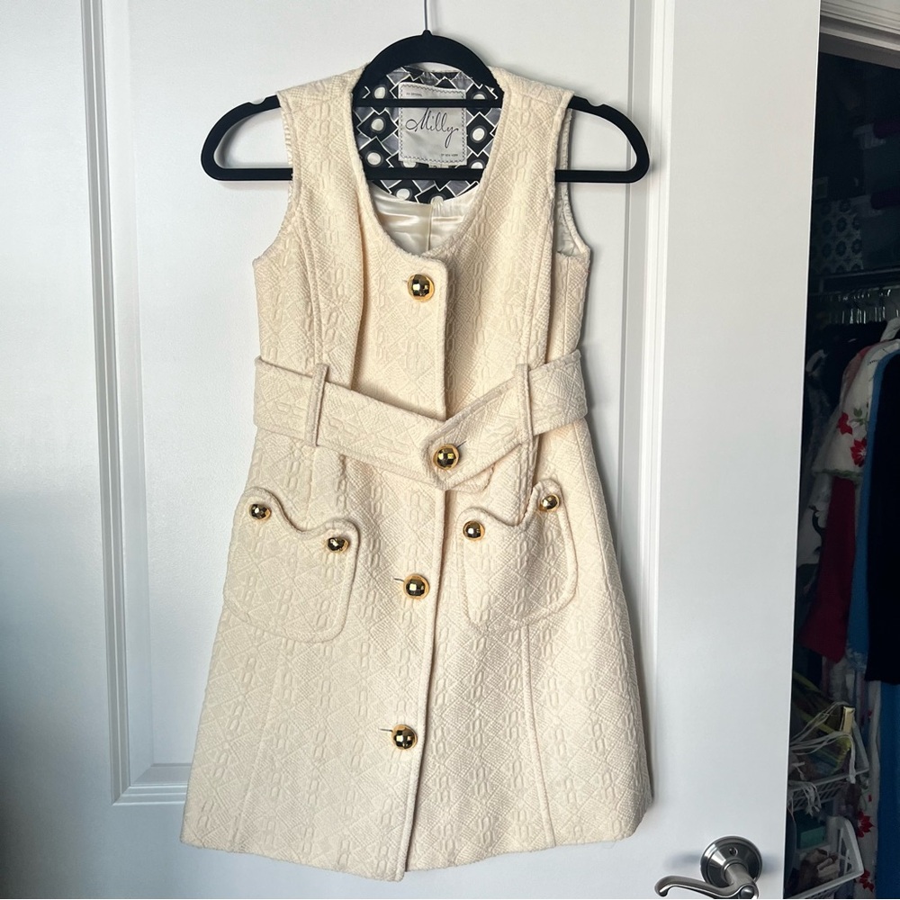 Vintage 1960s Milly Cream Textured Sleeveless Coat Dress with Gold Buttons